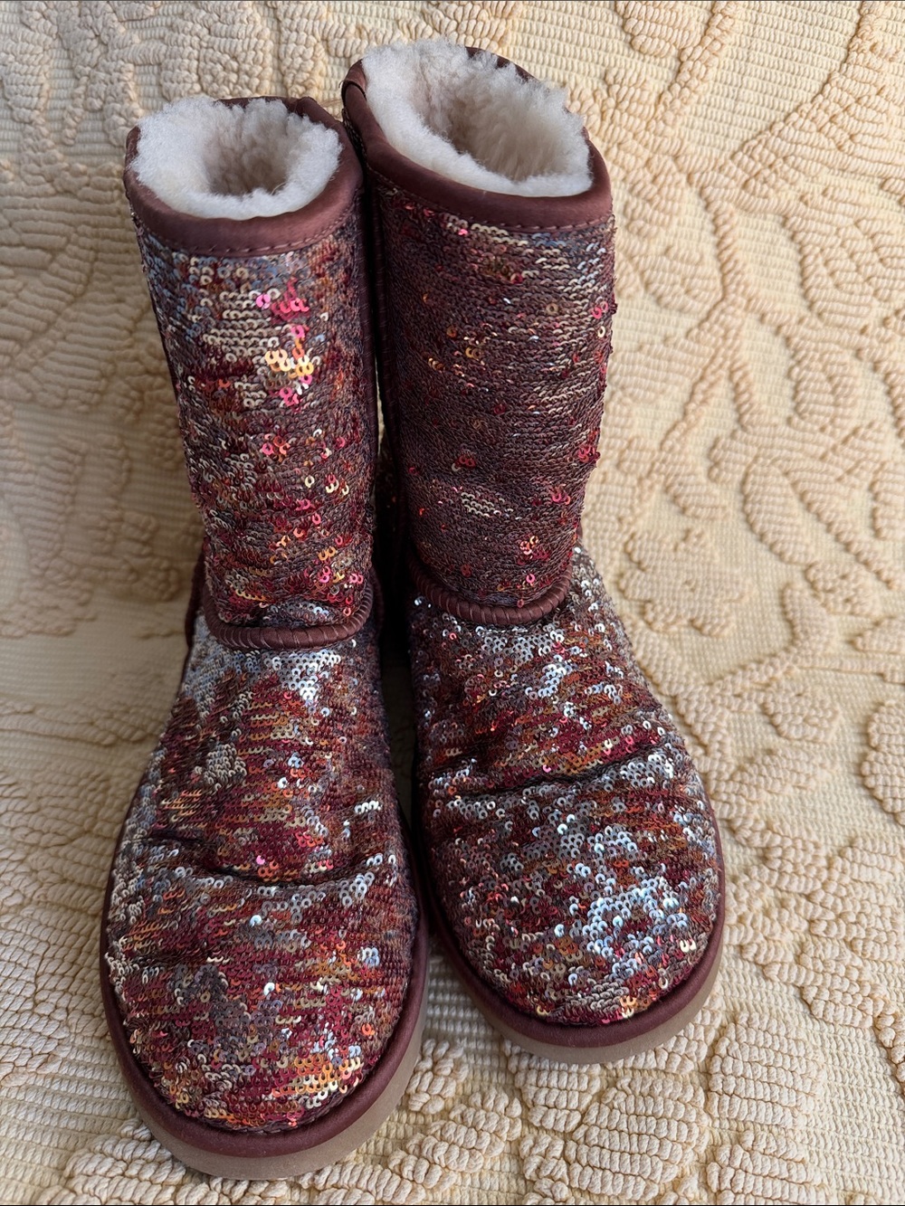 PREOWNED UGG Women's Sequin Mid-Calf Boots in Brown & Multicolor sequins Size 7